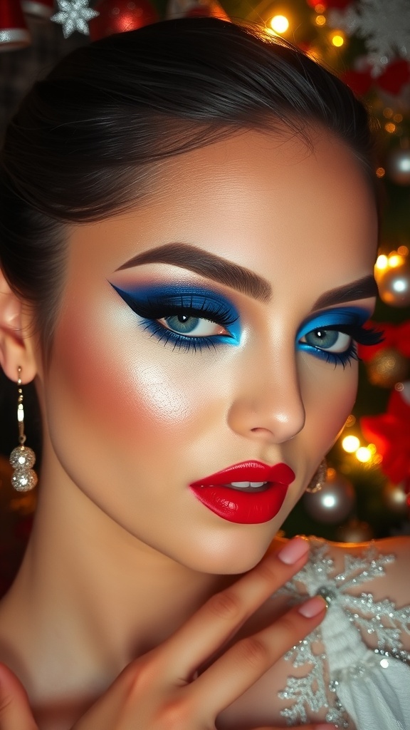 A festive blue Christmas makeup look with bold eyeshadow and red lipstick.